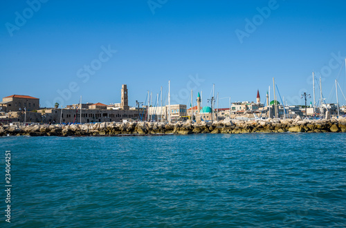 Acre, Israel - October 27, 2018 : Port of Acre and Sinan Pasha Mosque sea view