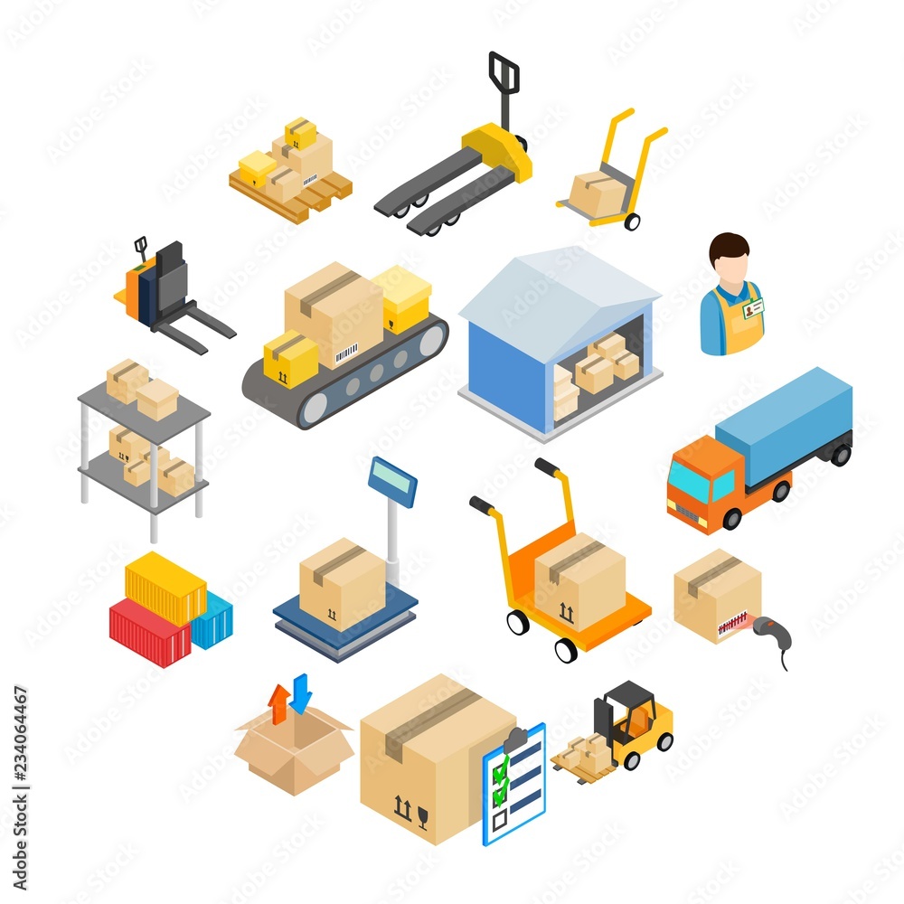 Warehouse logistic storage icons set in isometric 3d style on a white background 