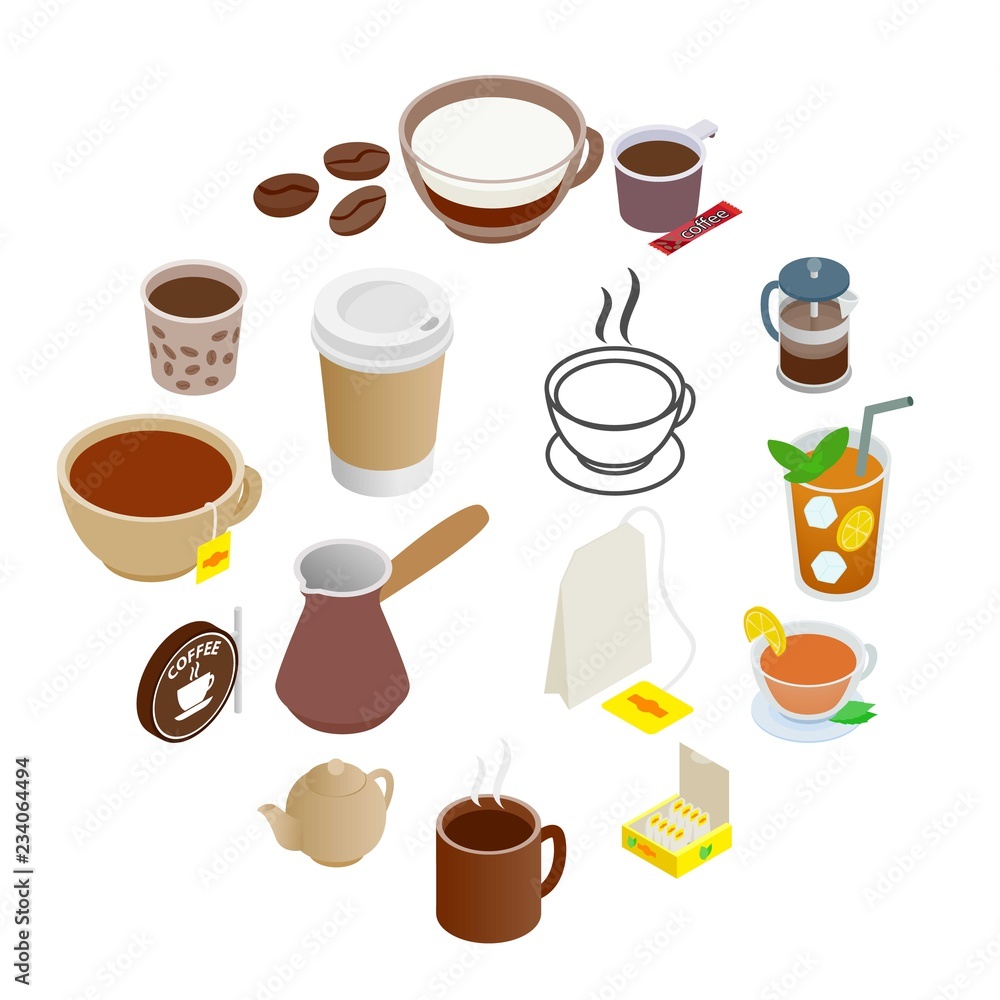 Tea and Coffee Icons set in isometric 3d style isolated on white