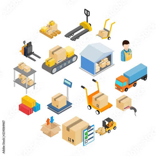 Warehouse logistic storage icons set in isometric 3d style on a white background 