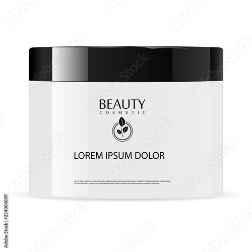 Round glossy white glass cosmetic jar with black lid for body cream, gel, butter, bath salt, skin care, powder. Realistic cosmetics packaging mockup template. Vector illustration.