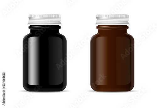 Pharmacy bottles mockup set for medical products, pills, drugs, ointment and cream. Brown and black glass cosmetic or sports bottle mockup for bcaa and other supplements. Vector illustration.