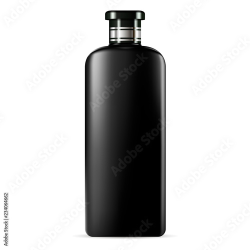 Round cosmetic bottle for shampoo or shower gel with black bodyand glossy lid. Vector design template. Cosmetics packaging mockup. Realistic 3d illustration.