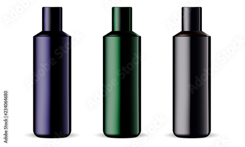 Shampoo or shower gel product cosmetic mockup template set, isolated on white background. Black, dark blue and green cosmetic packaging. Vector container illustration.