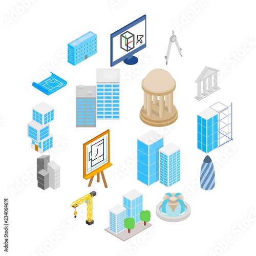 Architecture Icons set in isometric 3d style isolated on white background