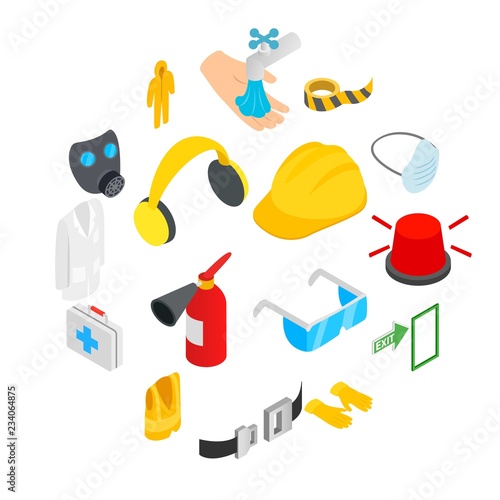 Safety icons set in isometric 3d style on a white background