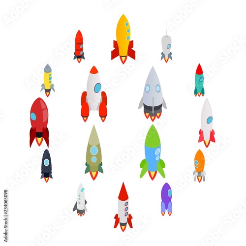 Rocket icons set in isometric 3d style on a white background