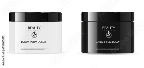 Round glossy black and white glass cosmetic jars set with black lids for body cream, gel, butter, bath salt, skin care, powder. Realistic cosmetics packaging mockup template. 3d Vector illustration.