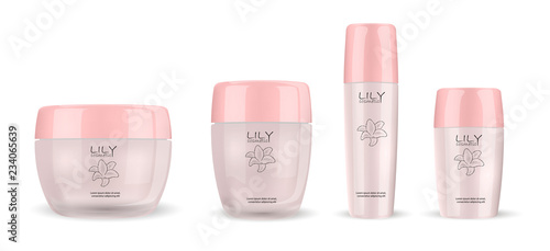 Glass or glossy plastic cosmetic bottles and jars package: cream gar with closed lid, tonic bottle and solid deodorant. Cosmetics mockup illustration with sample label and logo for commercial needs. 