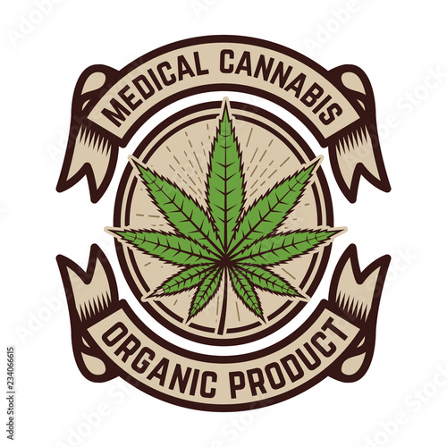 Medical marijuana. Emblem template with cannabis leaf. Design element for logo, label, emblem, sign.