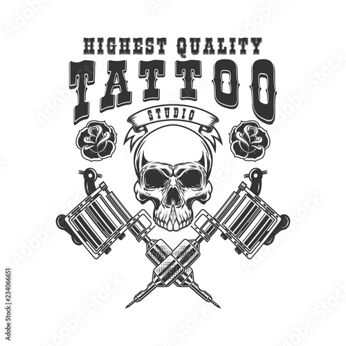 Tattoo studio emblem template. Crossed tattoo machine, skull, roses. Design element for logo, label, sign, poster, t shirt.