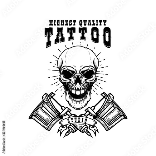 Tattoo studio emblem template. Crossed tattoo machine, skull, roses. Design element for logo, label, sign, poster, t shirt.
