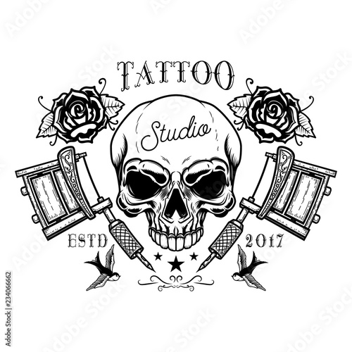 Tattoo studio emblem template. Crossed tattoo machine, skull, roses. Design element for logo, label, sign, poster, t shirt.