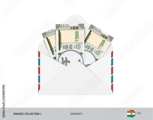500 Indian Rupee Banknotes in envelope. Flat style opened white envelope with cash. Salary payout or corruption concept.