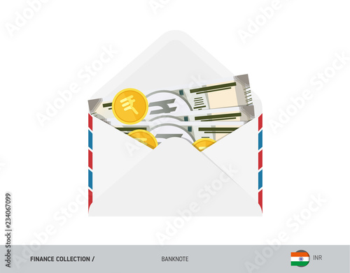 500 Indian Rupee Banknote. Flat style opened envelope with cash. Indian Rupee banknotes and coins. Salary payout or corruption concept.