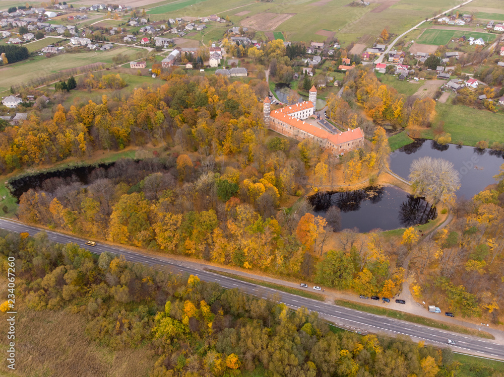 Aerial view of Panemunes castle in Lithuania. Aerial view of the castle.