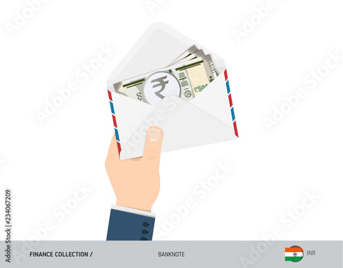 500 Indian Rupee Banknotes in envelope hold in hand. Flat style opened white envelope with cash. Salary payout or corruption concept.