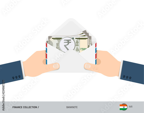 500 Indian Rupee Banknotes in envelope hold in hand. Flat style opened white envelope with cash. Salary payout or corruption concept.