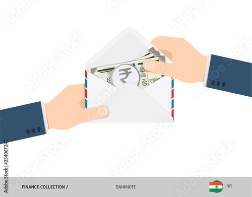 500 Indian Rupee Banknotes in envelope hold in hand. Flat style opened white envelope with cash. Salary payout or corruption concept.