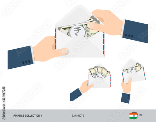500 Indian Rupee Banknotes in envelope hold in hand. Set of flat style opened white envelopes with cash. Salary payout or corruption concept.