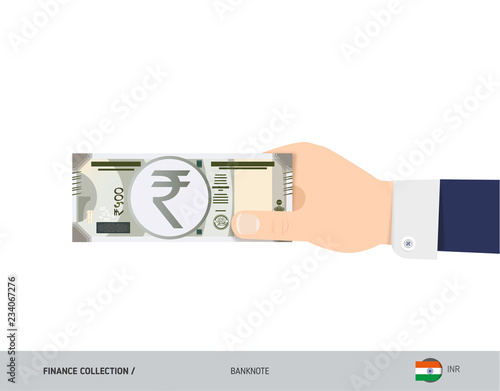 500 Indian Rupee Banknote. Hand gives money. Flat style vector illustration. Salary payout or corruption concept.