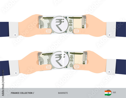 500 Indian Rupee Banknote. Hands tearing banknote set. Flat style vector illustration. Business finance concept.