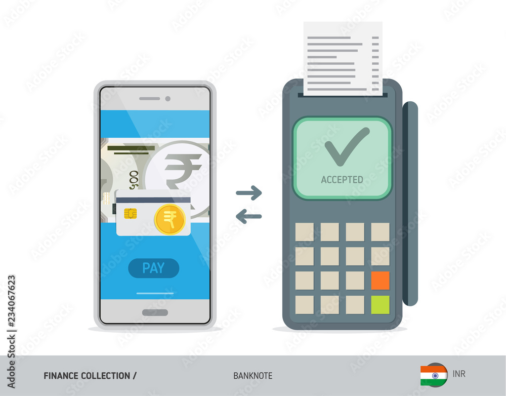 POS Terminal with 500 Indian Rupee Banknote. Flat style vector illustration. Finance concept. POS Terminal with 500 Indian Rupee Banknote. Flat style vector illustration. Finance concept.