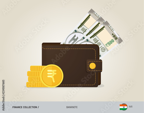 Brown leather wallet with 500 Indian Rupee Banknote and coins. Flat style vector illustration. Business concept.