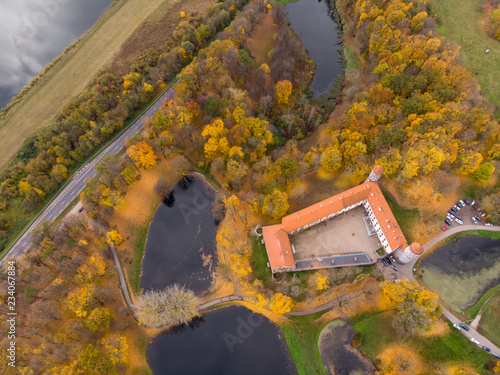 Aerial view of Panemunes castle in Lithuania. Aerial view of the castle. photo