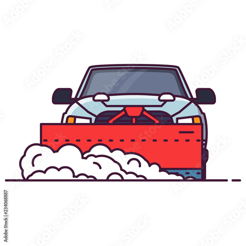 Front view of SUV car with attached snowplower. Line style vector illustration. Off road vehicle in winter clearing road from snow. Cleaning winter road Big truck pixel perfect banner.