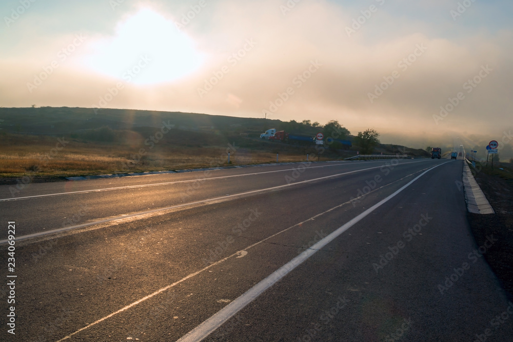 Route A-270 in the area of Novoshakhtinsk in the early morning in the fog.