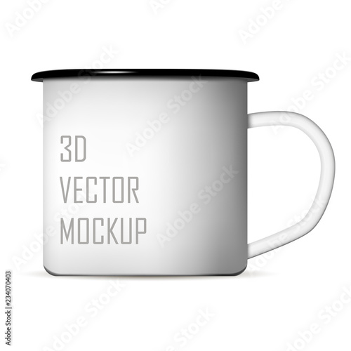 White enamel metal camp mug for coffee or tea. Tin illustration for camping, nature. 3d vector mockup design for your logo.