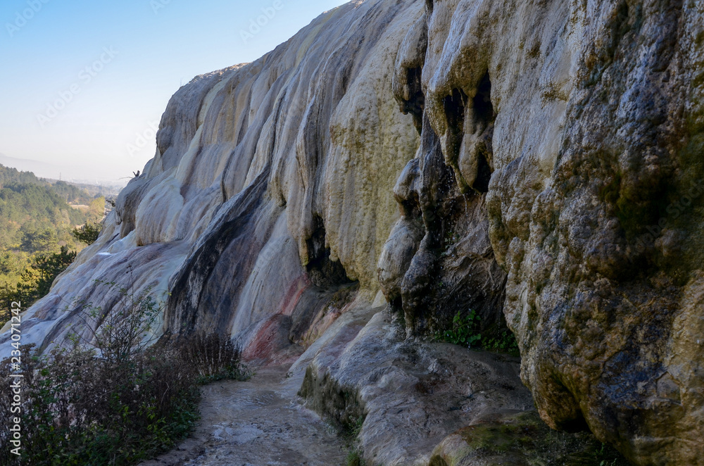 travertine rocks formed by mineral spring waters  Akkaya Travertenleri, Bolu Province, Turkey