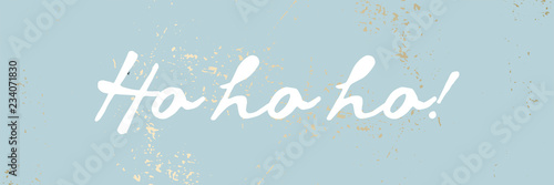 HO HO HO cute calligraphic white text vector cute calligraphy banner, header or poster. Blue pastel gold rough textured background.
