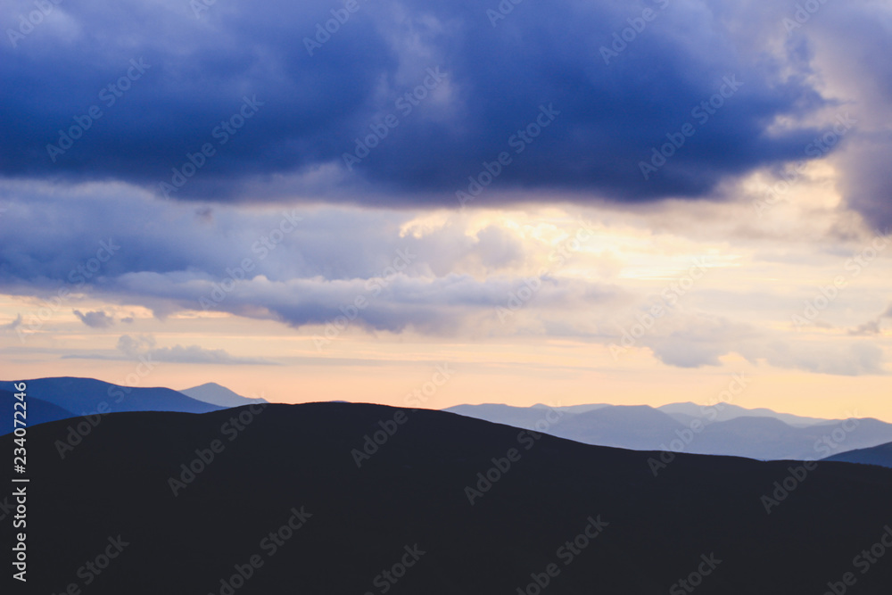 Ukrainian Carpathian Mountains. Hills and mountain peaks. Fabulous look.