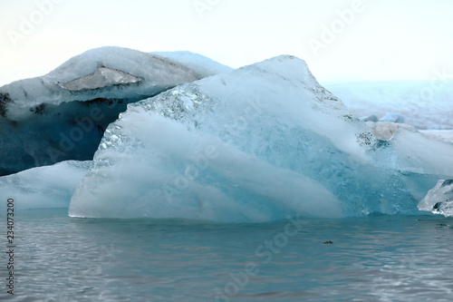 Icebergs on an Iceland glacier, blue, white and transparent ice