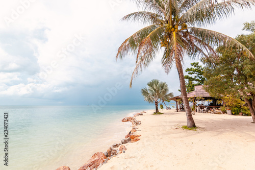 Bright beautiful tropical beach with white sand and palm trees before a thunderstorm