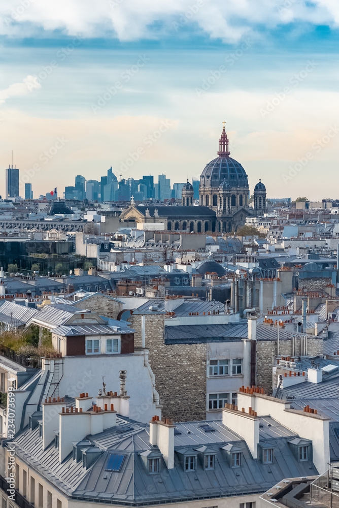 Paris, view of the city, with the Saint-Augustin church in background, and La Defense towers