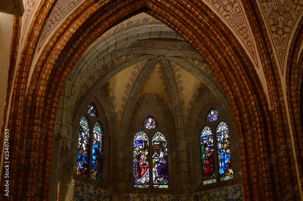 Interior Stained Glass Of The Episcopal Palace In Astorga. Architecture, History, Camino De Santiago, Travel, Interiors. November 1, 2018. Astorga, Leon, Castilla-Leon, Spain.