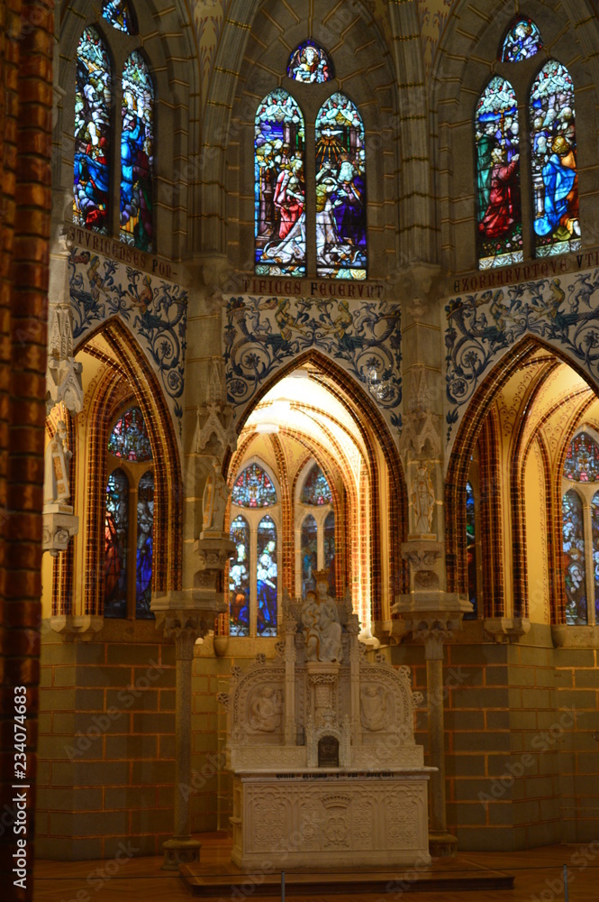 Fototapeta premium Main Shrine Of The Virgin Mary With Its Precious Stained Glass Of The Episcopal Palace In Astorga. Architecture, History, Camino De Santiago, Travel, Interiors. November 1, 2018. Astorga, Leon, Spain.