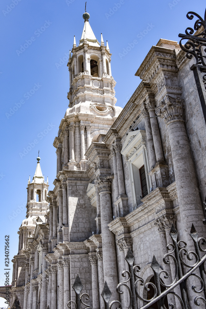 The Basilica Cathedral of Arequipa in Plaza de Armas, Peru, South America.