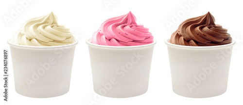 Soft ice cream or frozen yogurt in white blank paper cup isolated on white background