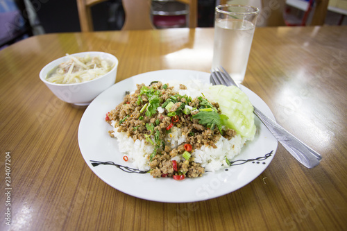 spicy minced meat salad with rice