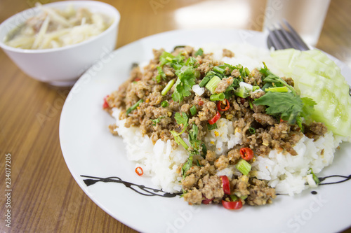 spicy minced meat salad with rice