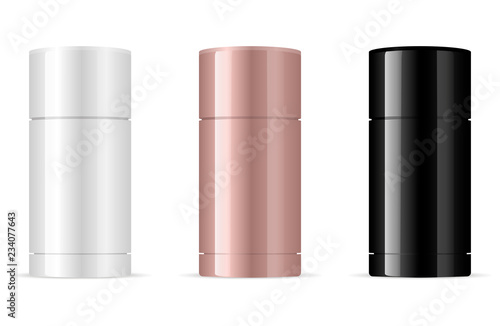Deodorant antiperspirant stick packaging mockup set in black, white and rose gold colors. Cosmetic containers, isolated on white background. HQ EPS vector.