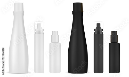 Cosmetic shampoo, sprayer and dispenser pump bottles mockup set. Cosmetic jars for gel, liquid, moisturizer, conditioner.Clean black and white 3d Detalied vector illustration isolated on background. photo