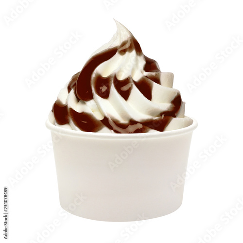 Soft ice cream or Vanilla frozen yogurt with chocolate sauce in white blank takeaway cup isolated on white background photo