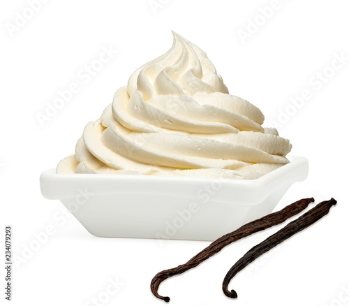 Soft ice cream or Vanilla frozen yogurt with vanilla pods in white bowl or cup isolated on white background