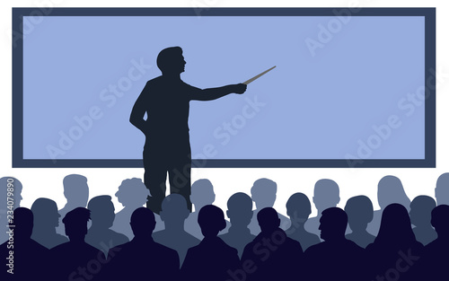 Business conference, presentation. Teacher, speaker stands near the screen. Lecture at the university, training. Lecturer lesson. Courses of knowledge. Silhouette Vector Illustration