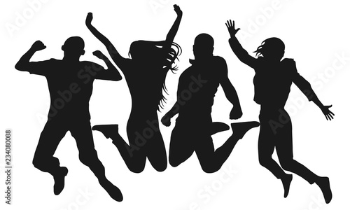 People jump vector silhouette. Cheerful man and woman isolated. Jumping friends colorful background